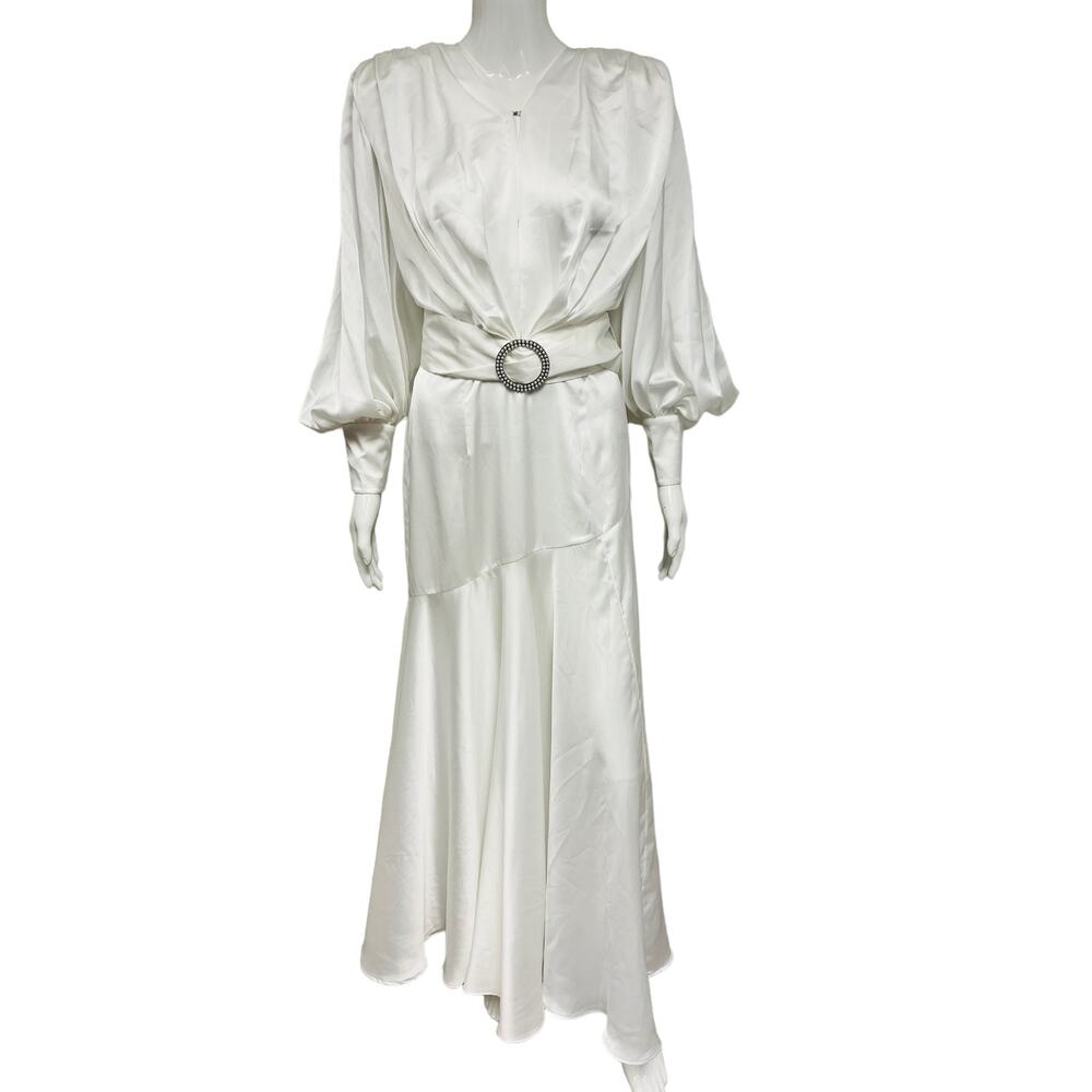 BRONX AND BANCO White Carmen Satin Bell Sleeve Embellished Belt Gown Dress M US6
